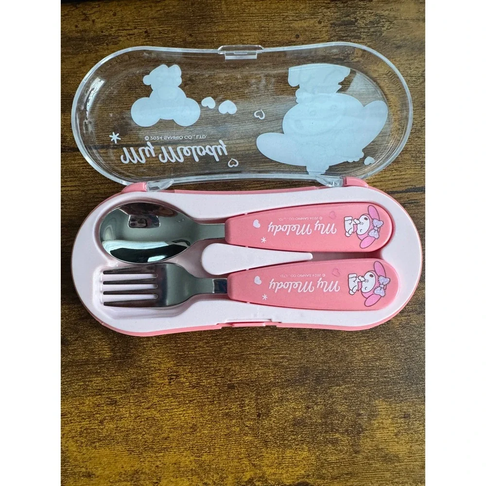 Sanrio My Melody Spoon Fork Set with Travel Case Pink Kids Lunch Utensils NEW